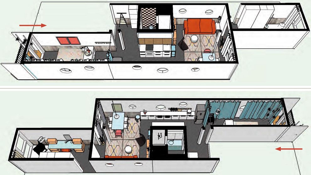 Voici la répartition de l’espace d’habitation: plan conceptuel de l’appartement-container. Source: http://bravoricky.com